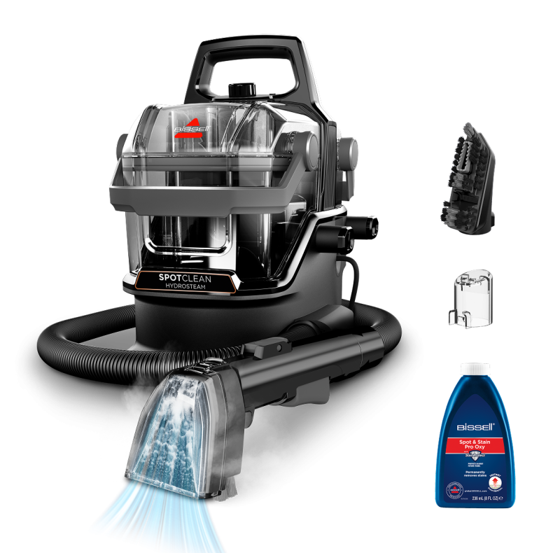 Bissell SpotClean HydroSteam in Schrägansicht mit Griff, Schlauch und abnehmbarem Wassertank