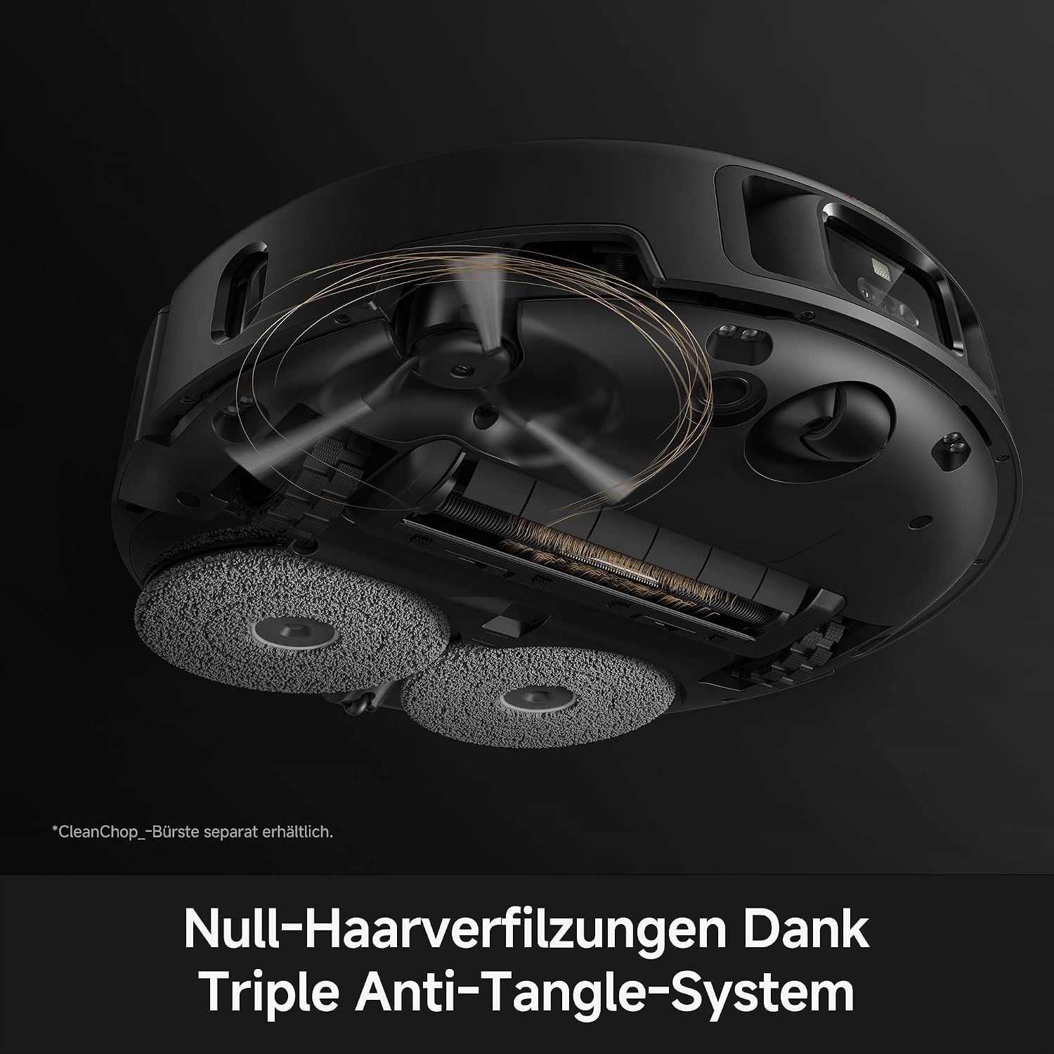 MOVA P70 Pro Ultra – Unterseite mit zwei rotierenden Wischpads, Hauptbürste und Anti-Tangle-System