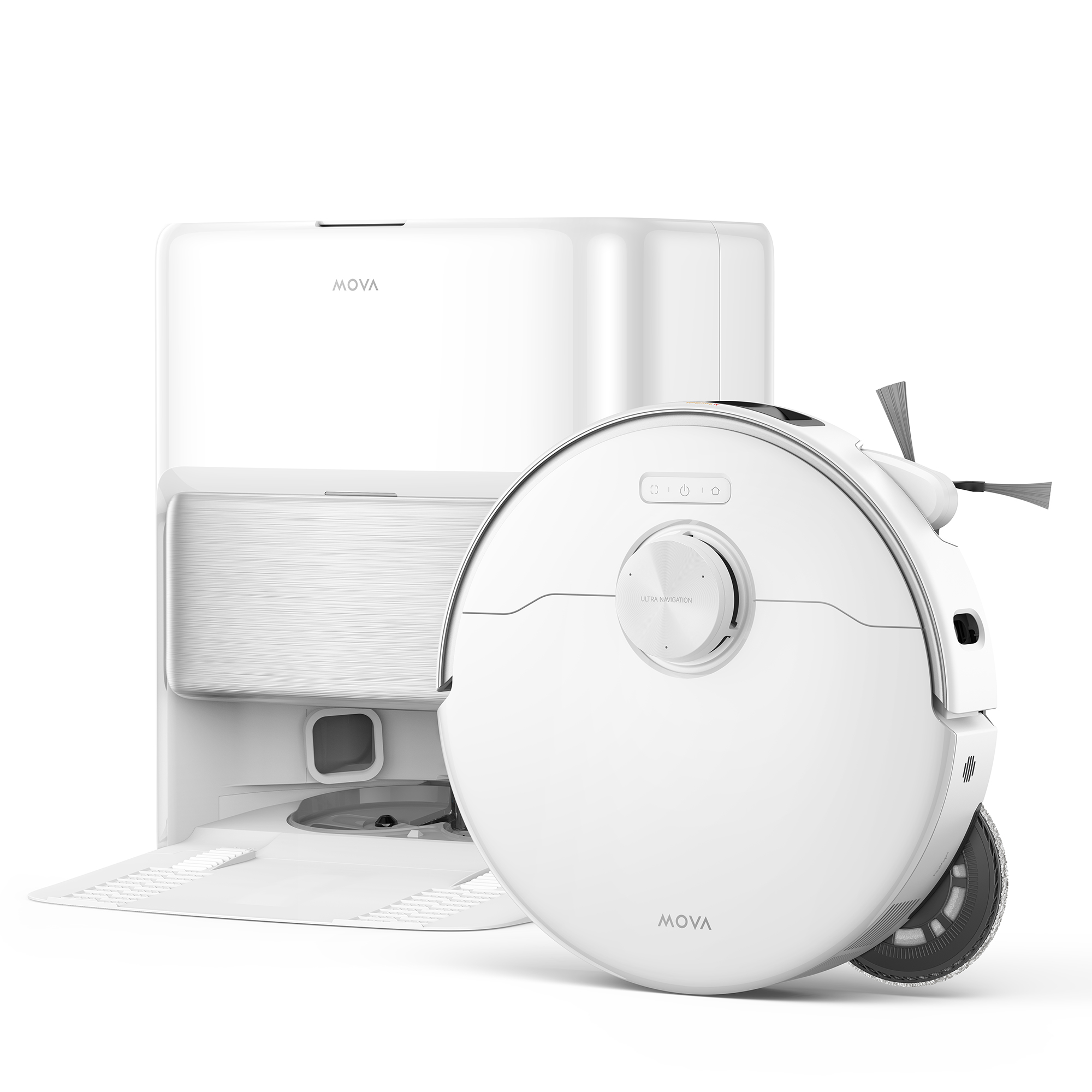 MOVA P70 Pro Ultra en blanc avec la station tout-en-un ouverte – image produit officielle de de.mova.tech