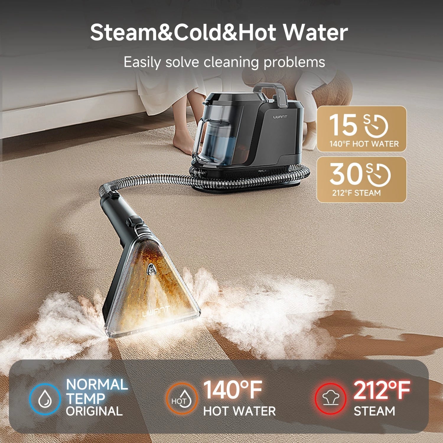 uwant Y100 Steam in Schrägansicht mit Griff, Schlauch und abnehmbarem Wasserbehälter